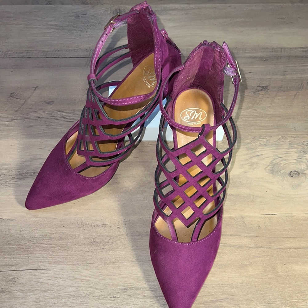 Purple suede strappy 4” heels, size8.5